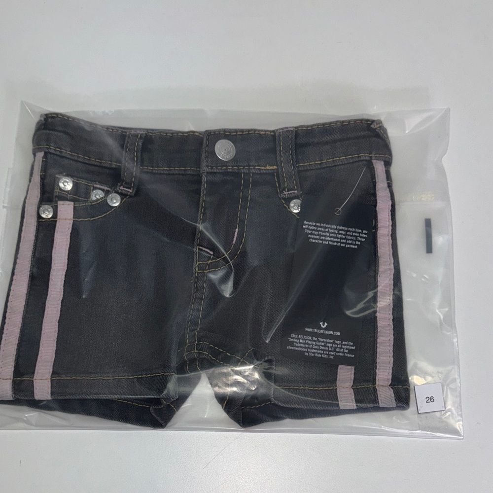True Religion Black Denim Shorts with Pink Side Stripes Sz 3/6 months girls NWT - Picture 5 of 8